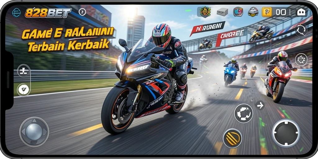 Screenshot utama 828BET menunjukkan aksi balapan motor yang mendebarkan.