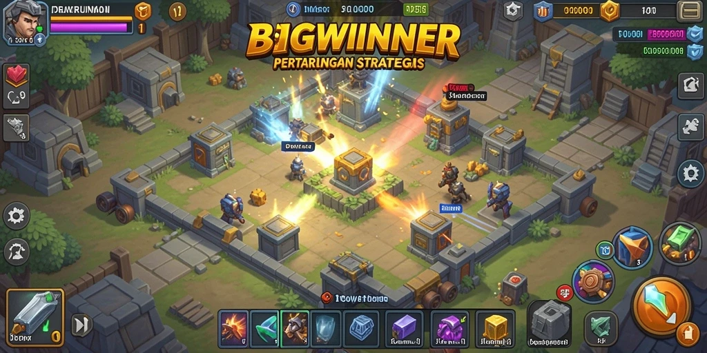 Tampilan gameplay <strong>BIGWINNER</strong> yang menarik dalam pertarungan Tower Defense.