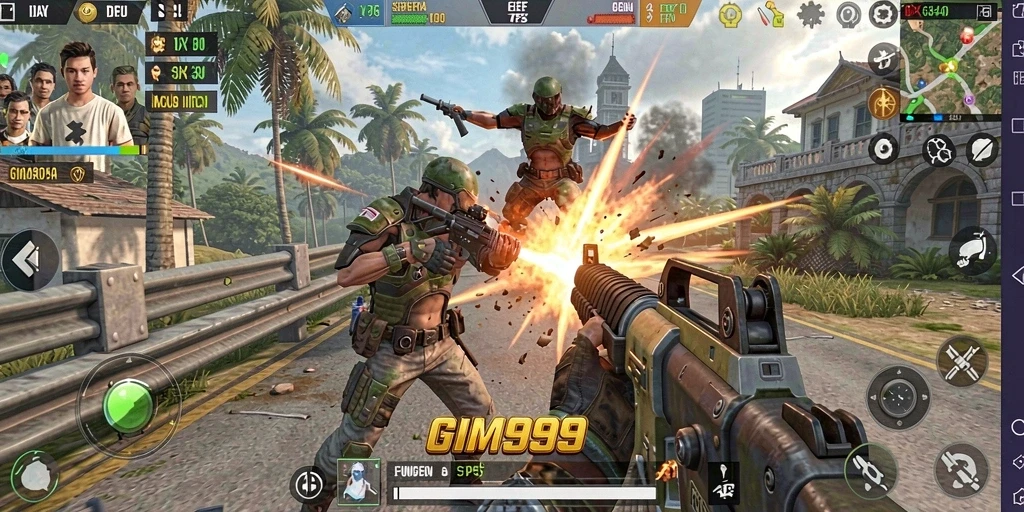 Screenshot utama GIM999 menampilkan aksi seru dalam gameplay TPS.