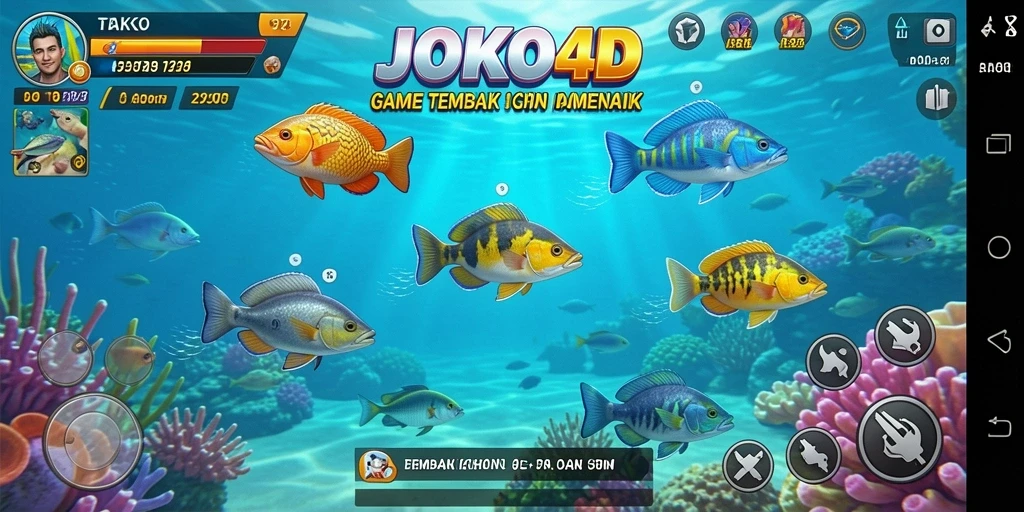 Gameplay seru JOKO4D, dengan ikan berwarna-warni dan senjata yang bervariasi.