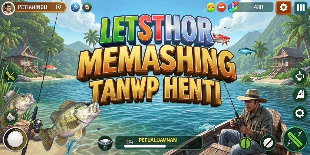 Tampilan utama LETSTHOR menampilkan gameplay memancing yang seru dengan berbagai ikan cantik.