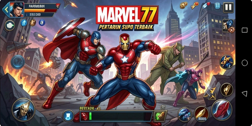 Tangkapan layar utama <strong>MARVEL77</strong> menampilkan pertarungan seru antara karakter super hero.