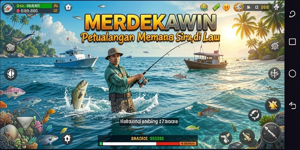 Gameplay menarik MERDEKAWIN yang menunjukkan aksi memancing seru.